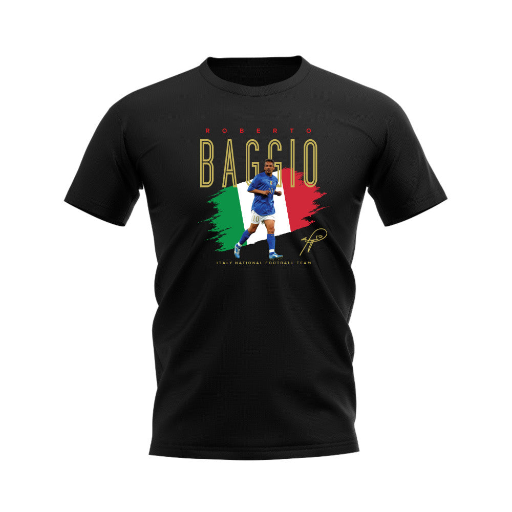 Roberto Baggio Italy Football Crest T-Shirt (Black)  UKSoccershop   