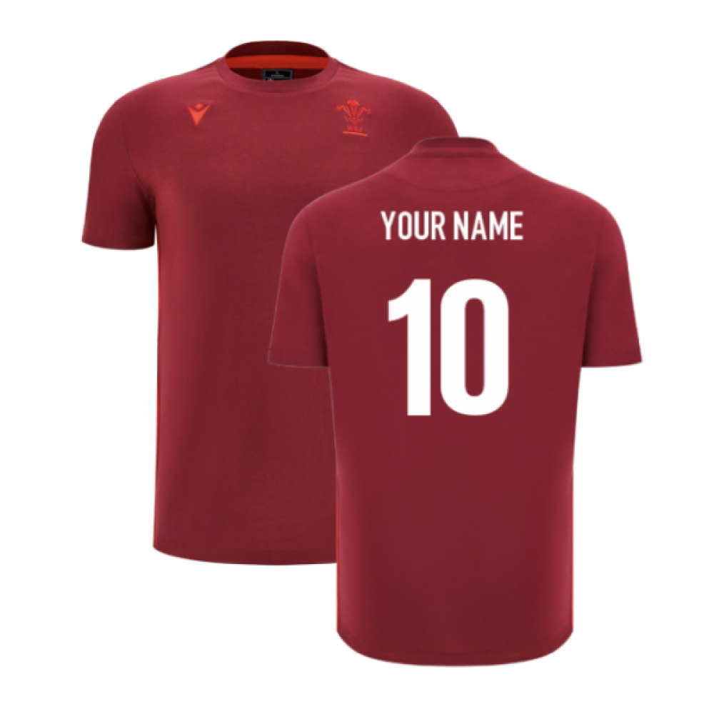 2025-2026 Wales WRU Rugby Travel Cotton Tee (Deep Red) (Your Name) Product - Hero Shirts Macron
