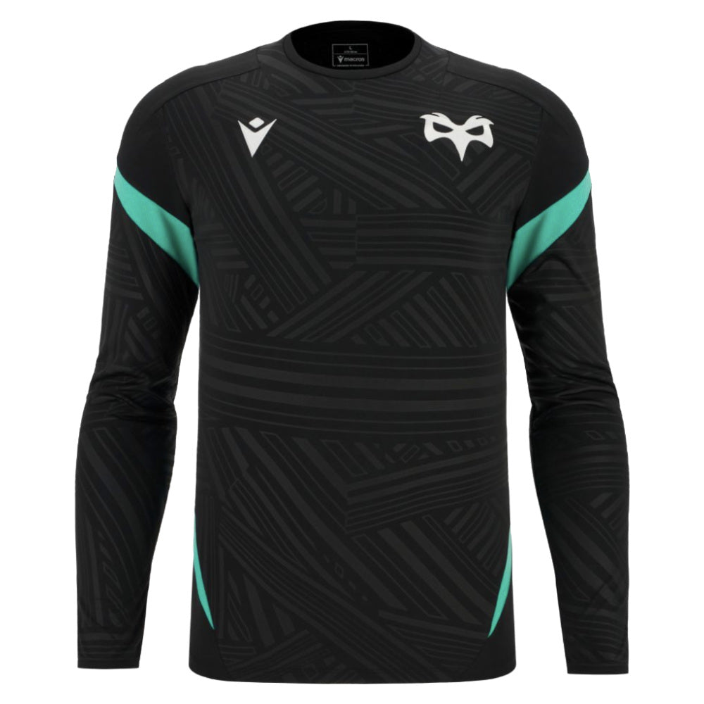 2025-2026 Ospreys Rugby Poly LS Training Tee (Black) (Your Name) Product - Hero Shirts Macron