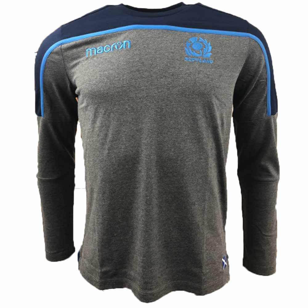 2018-2019 Scotland Macron Rugby Long Sleeve Travel Polycotton T-Shirt (Charcoal) Product - T-Shirt Macron   