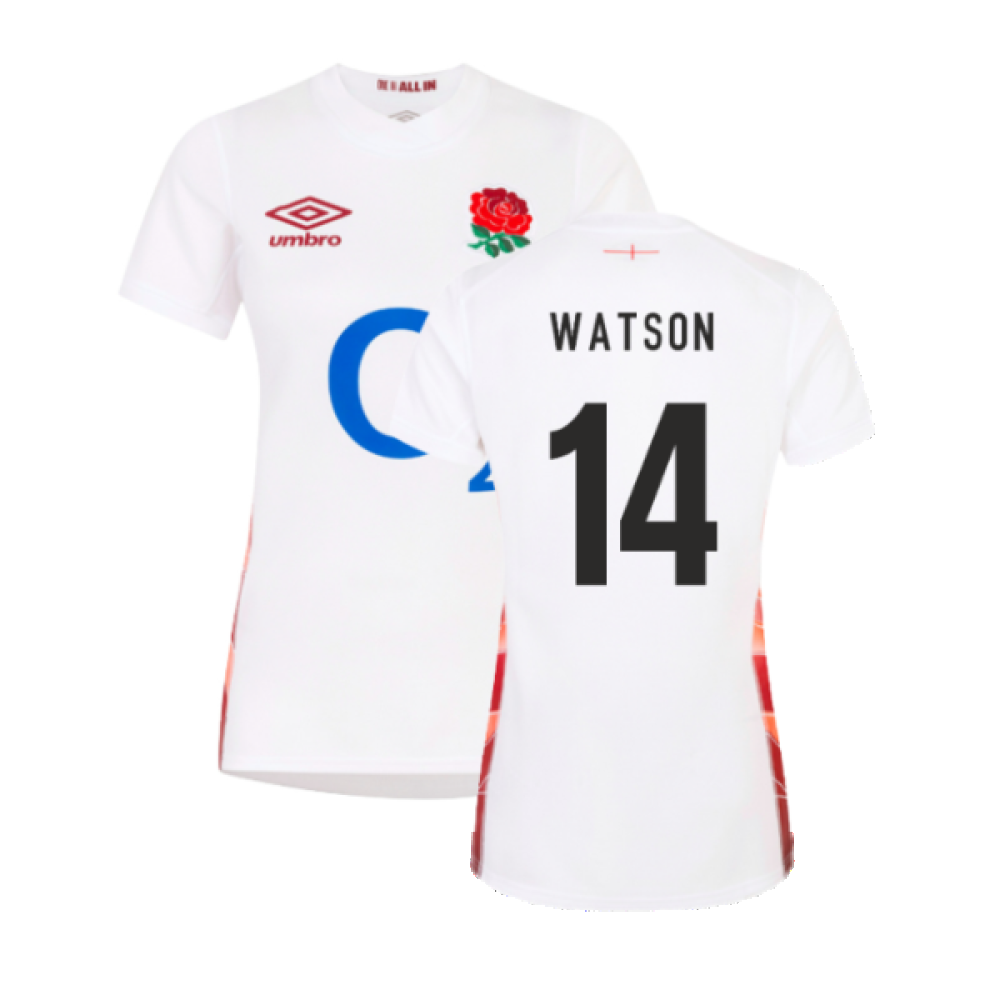 2023-2024 England Rugby Red Roses Rugby Jersey (Ladies) (Watson 14) Product - Hero Shirts Umbro   