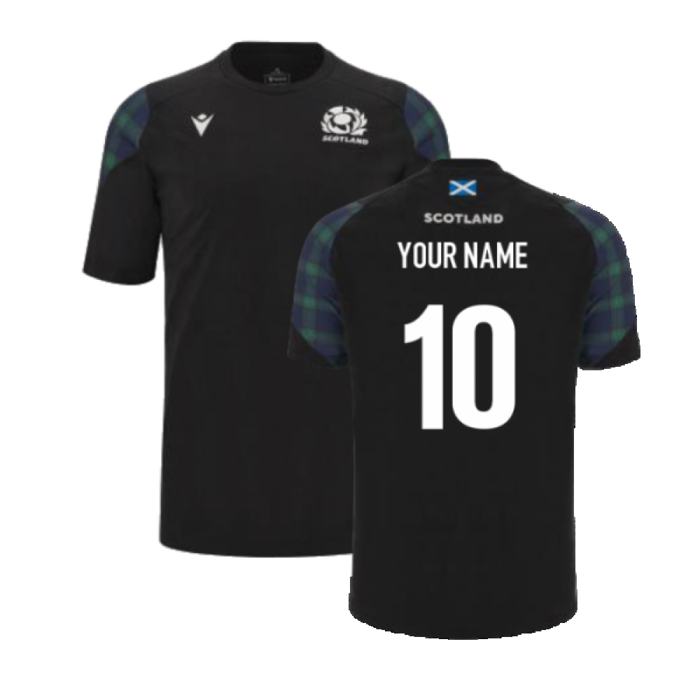 2023-2024 Scotland Rugby Travel Polycotton T-Shirt (Black) (Your Name) Product - Hero Shirts Macron   