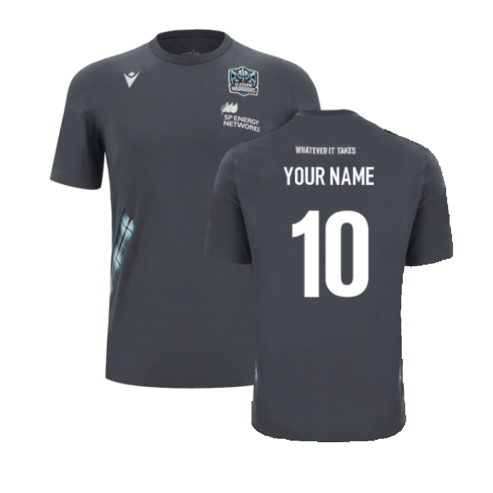 2023-2024 Glasgow Warriors Travel Cotton Rugby T-Shirt (Your Name) Product - Hero Shirts Macron   